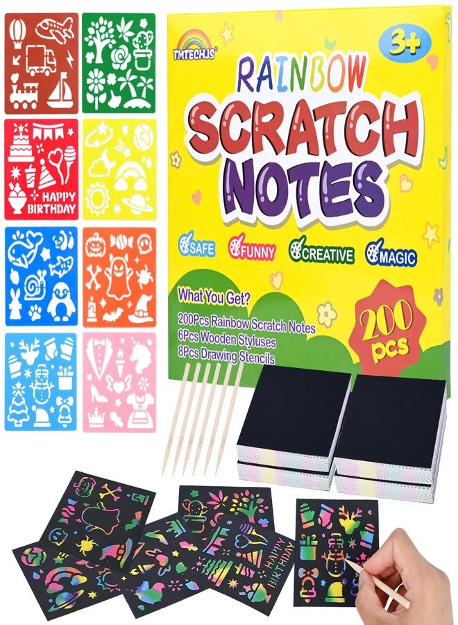 TMTECHJS 200 PCS Rainbow Scratch Paper Scratch Art for Kids Mini Notes with Stencils for Girls Boys Teens Rainbow Notebook Arts and Crafts Students School Birthday Party Travel Favors Supplies - Image 1